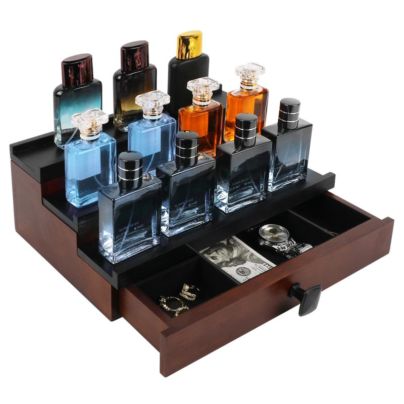 TIRYIUOU Cologne Organizer for Men  3 Tier Wooden Cologne Stand for Men  Perfume Organizer Display  Cologne Shelf with Drawer and Hidden Compartment  Gift for Men - Image 1